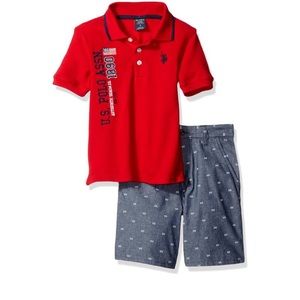 US Polo Assn Infant & Toddler Boys Red Polo Baby Outfit Gray Poplin Shorts Set.
